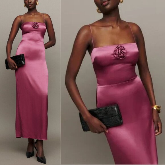 Reformation Dresses & Skirts - Reformation Frankie Strawberry Wine Pink Rosette Silk Maxi‎ Dress Back Slit 4